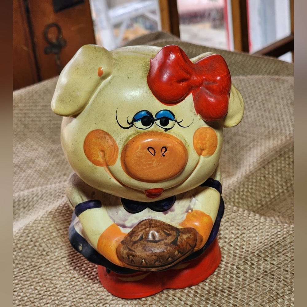 Vintage Enesco Chalk Piggy Bank Anthropomorphic Girl Piggy Bank